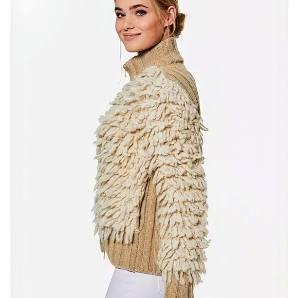 MADELEINE MODE COUTURE PUFF SLEEVE CHIC TEDDY LOOK CHUNKY 2 TONE TAN CARDIGAN - Picture 3 of 16